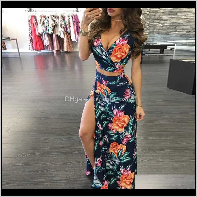 yjsfg house elegant women summer long maxi dresses two piece set sexy 2017 hollow out crop top skirts floral print 2 piece suits