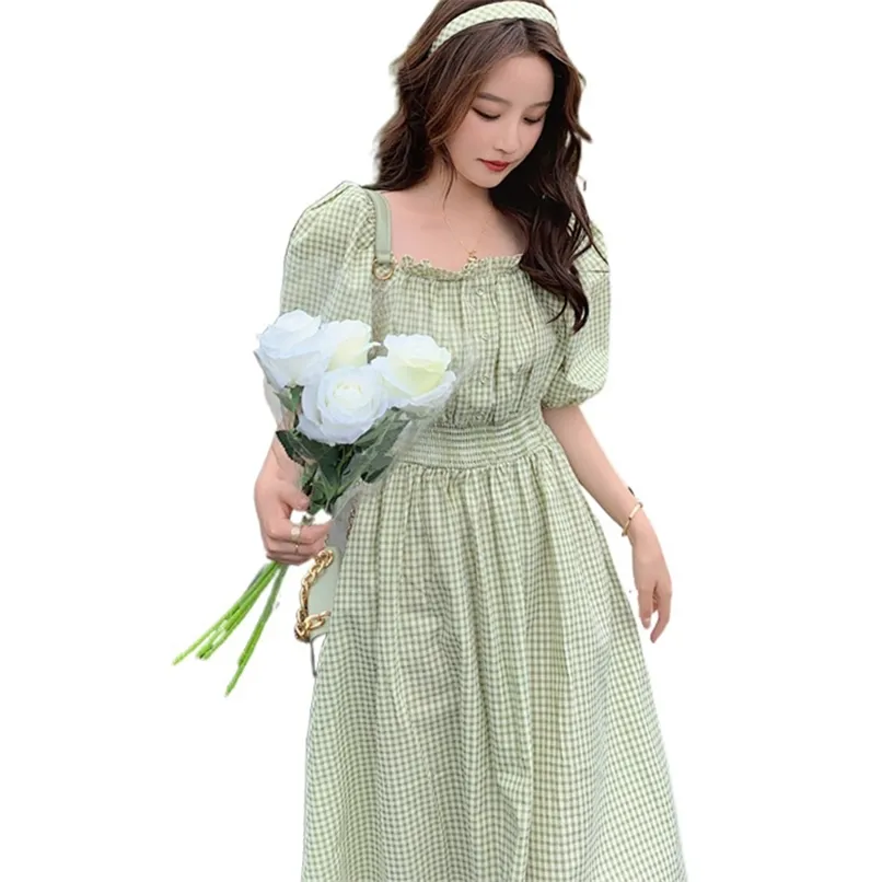 Square Neck Waist Long Spódnica Bubble Sleeve Plaid Eleganckiej Sukienka Kobiet Lato Koreańska Moda Damska Odzież 210520