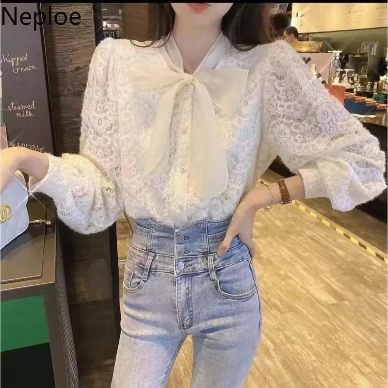 Women's Blouses & Shirts Neploe Korean Women Shirt Bandage Lace Up Bow Office Lady Sweet Loose Tops 2021 Elegant White Blusas De Mujer 98741