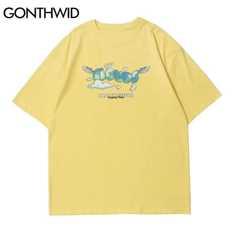 Gonthwid 짧은 소매 티셔츠 셔츠 여름 남성 스트리트 힙합 창의력 구름 프린트 티셔츠 캐주얼 코튼 느슨한 하라주쿠 탑 210707