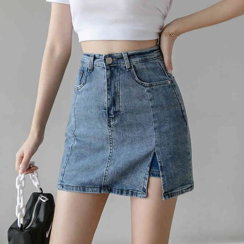 Kvinna jeans sommar moda mujer hög midja denim byxor kjol kvinnor slit sexiga mini hip shorts 990b 210420