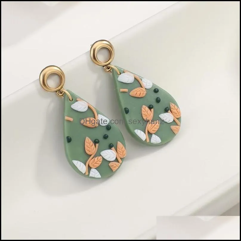 Dangle & Chandelier AMORCOME Unique Design Soft Polymer Clay Floral Earrings For Women Geometric Green Waterdrop Female Brincos Gift