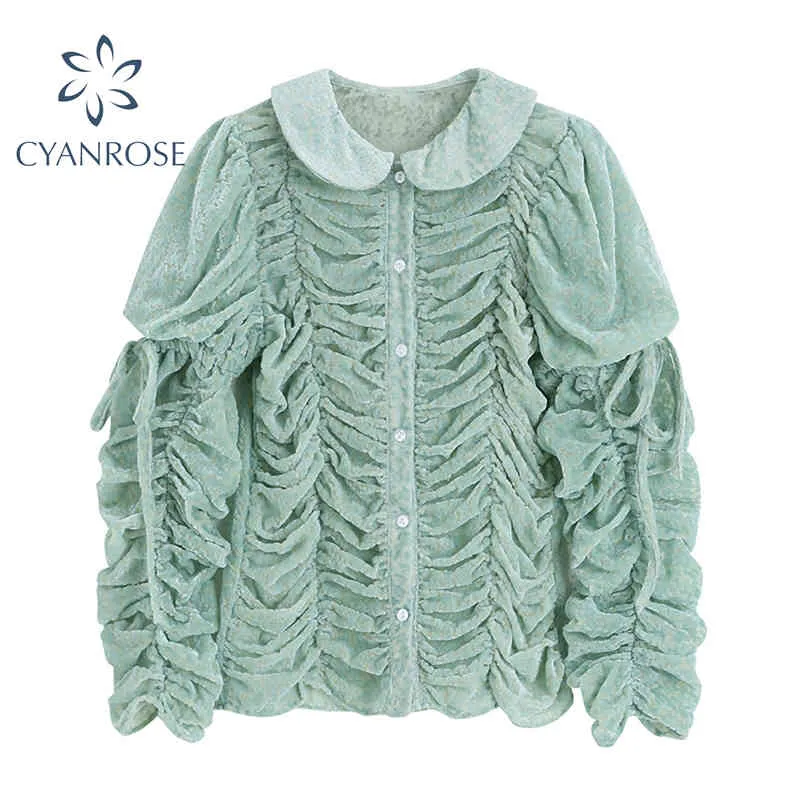 Blouses vintage pour femmes fête élégante chemise plissée dame élégant col Peter Pan froissé à manches longues vert flanelle haut 210417