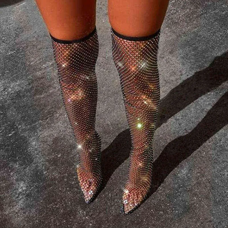 Sexy Women's Boots Over The Knee Boots Thigh High Botas Pointed Toe Female Crystal Fishnet Mesh Nightclub Shoes H1116