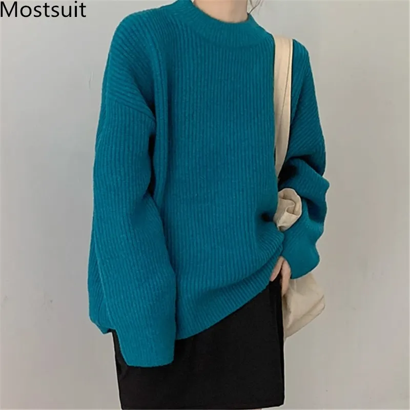 Korean Solid Knitted Women Pullover Sweater Autumn Winter Fashion Loose Simple Basic Female Tops Jumpers Femme 210518