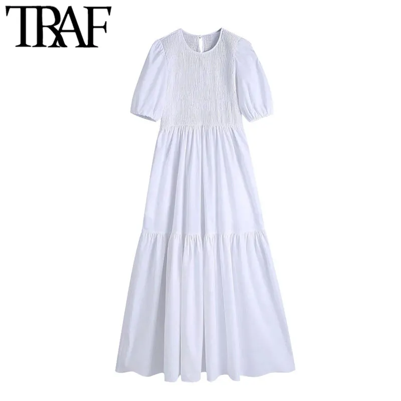 TRAF Women Chic Fashion Smocked Elasitc White Midi Dress Vintage O Neck Puff Sleeve Female Dresses Vestidos Mujer 210415