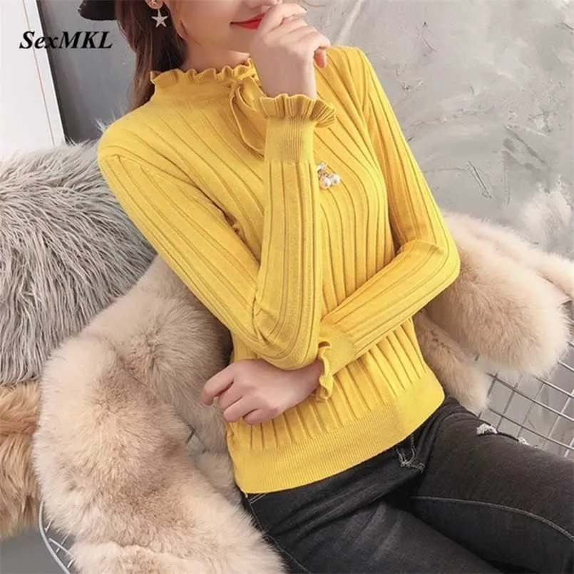 Sexmkl Höststickad tröja Kvinnor Vinter Långärmad Knitwear Tröjor Feminino Elastisk Basic Koreansk stil Pullover Mujer 211103