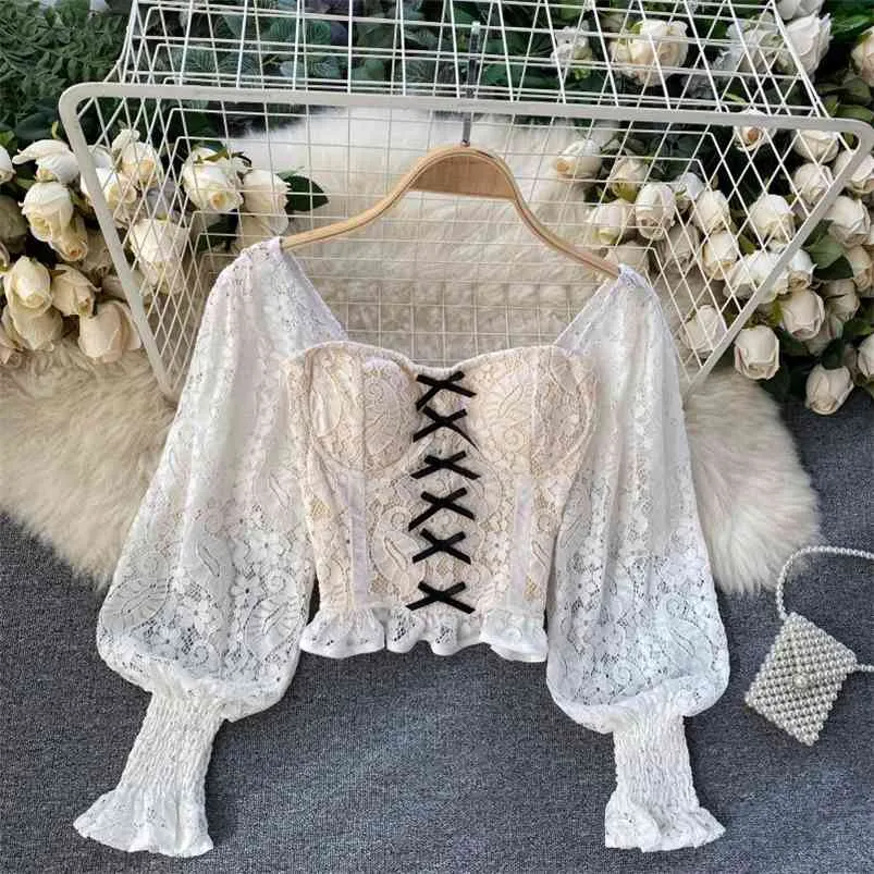 GRACE KARIN Chemisier Dentelle Manches Bouffantes Femme - Haut Été Élégant Col V