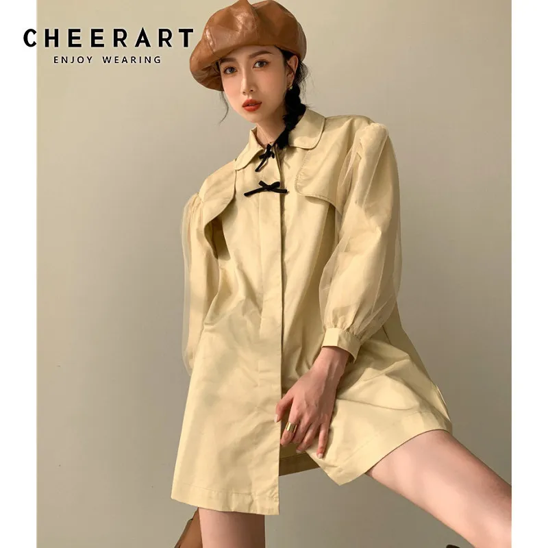 Mesh Puff Sleeve Short Trench Coat For Women Bow Designer Collar Coats And Jackets Khaki Autumn Clothing 210427