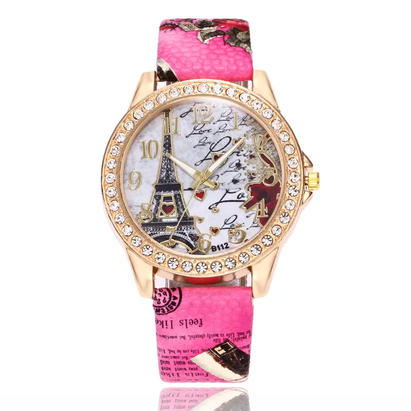 Whoesale Eiffel Tower Flowers Printing Rhinestone Leather Watches Women Ladies Students Dress Leisure Casual Wristwwatches Clock
