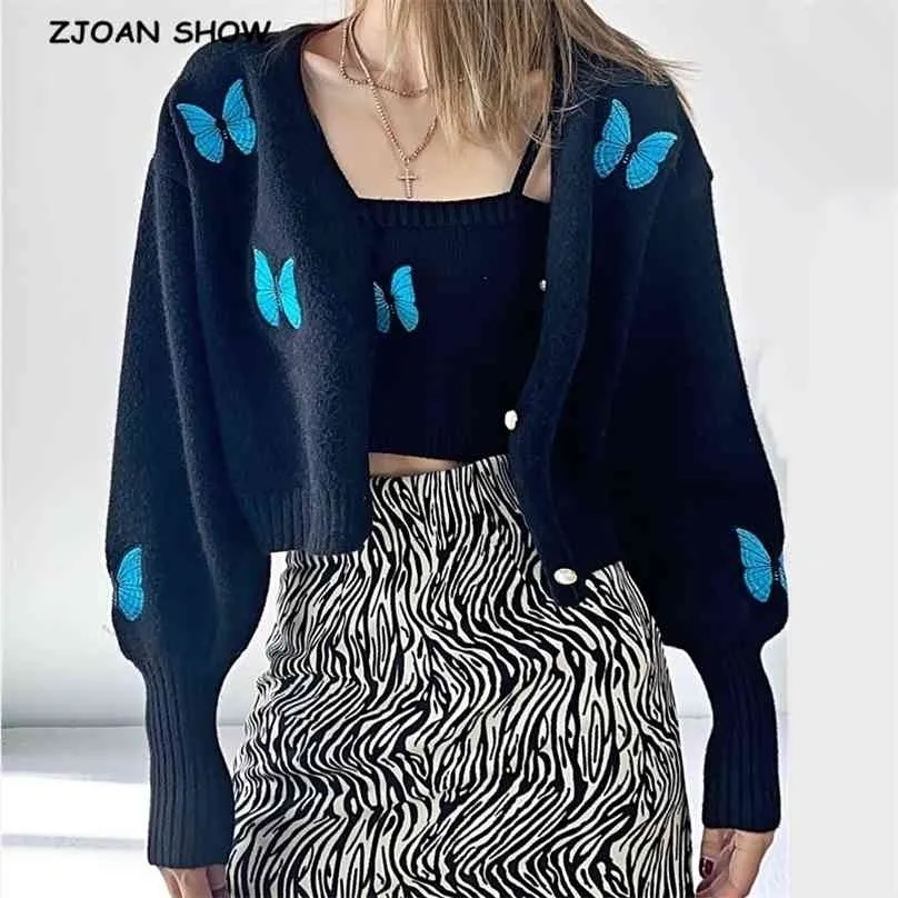 1 Zestaw Korea Styl Vintage Haft Butterfly Cardigan Tank Top Single-Breasted Button Britted Crop Sweter Jumper 210918