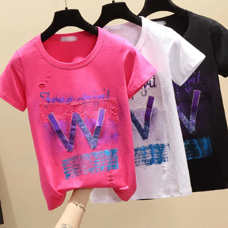 Kurzarm Loch Harajuku T-shirt Baumwolle Frauen Koreanische Plus Größe T-shirt Frauen Graffiti T-stücke Studenten Tops XXXL Schwarz Rose 210604