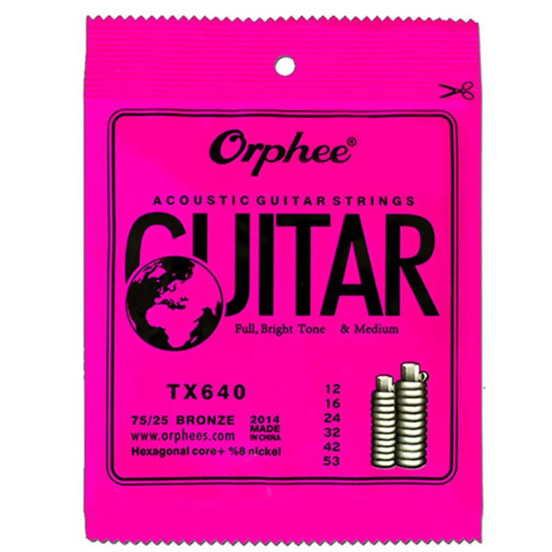 Orphee TX640 012-053 Strings de guitarra acústica Core hexagonal + 8% Níquel Bronze Tom Brilhante Acessórios de luz extra