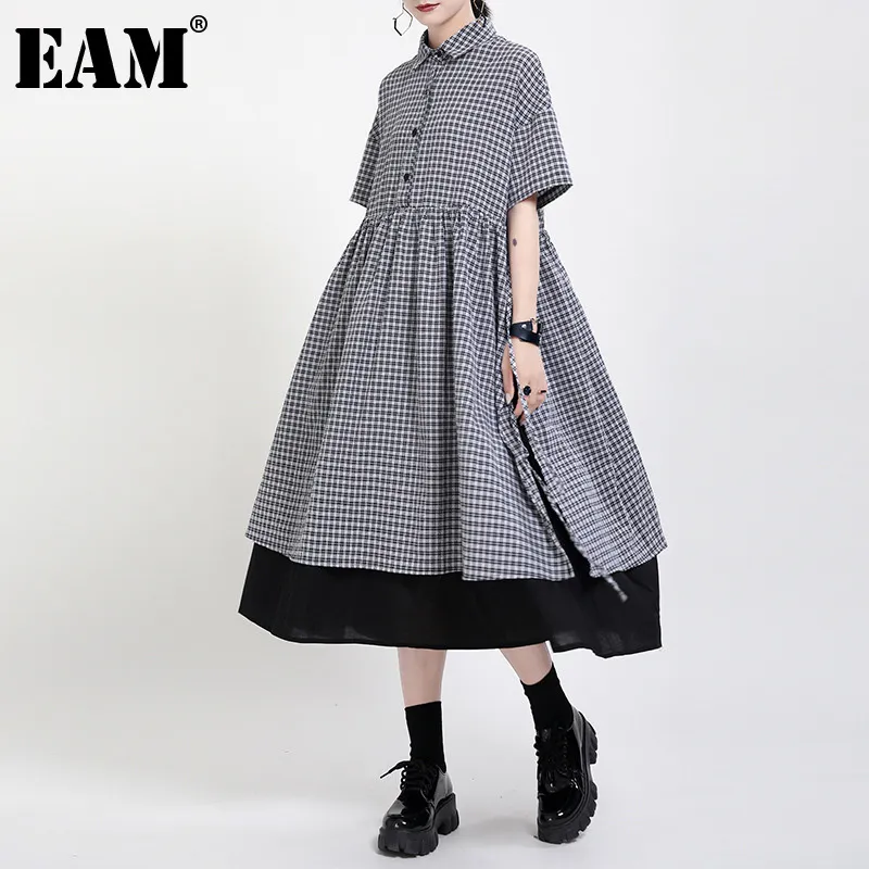 [EAM]女性格子縞スプライス偽2本プリーツスリットドレスラペル半袖ルーズフィットファッションスプリングサマー1DD8608 210512