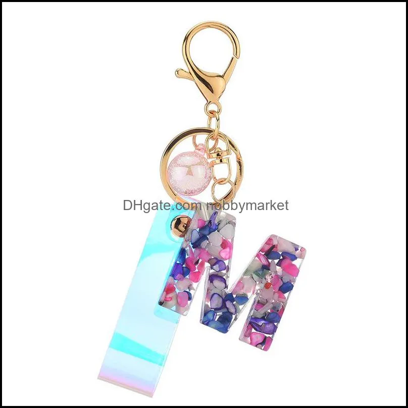 Initial Acrylic Key Chains Fashion A-Z Letter Glitter Resin Pendant Car Keychains Strap Beads Keyring Rings Holder Women Bag Charms