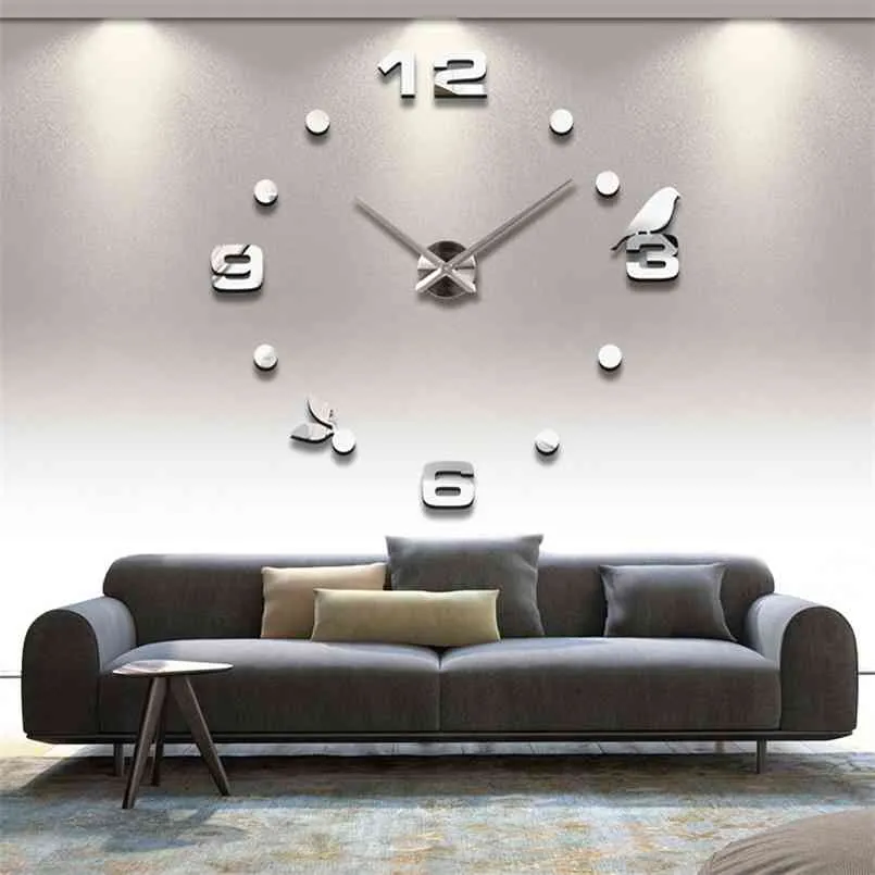 WEW Echt Metall 3D DIY Acryl Spiegel Vögel Wanduhr Uhr Dekoration Moderne Nadel Quarz Aufkleber 210903