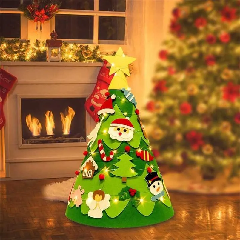 DIY Felt Christmas Tree With String Light Party Decor For Home 2022 Christmas Tree Ornament Santa Claus Xmas Tree Year 211104