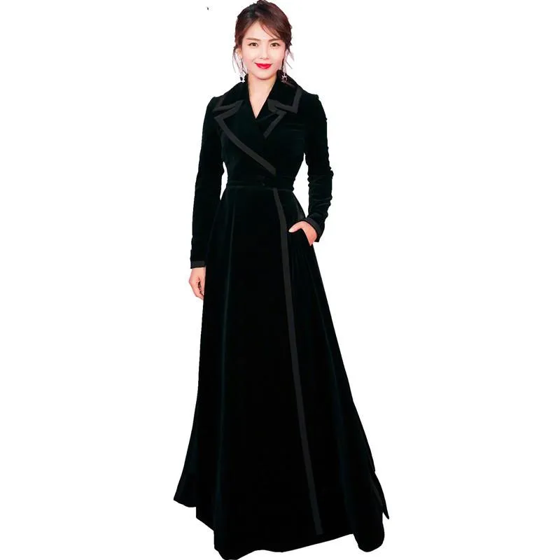 Women's Trench Coats 2021 Wrap Black Velvet Maxi Coat Thick Warm Long Outwear Winter Runway Designer Women Vintage Notched Collar