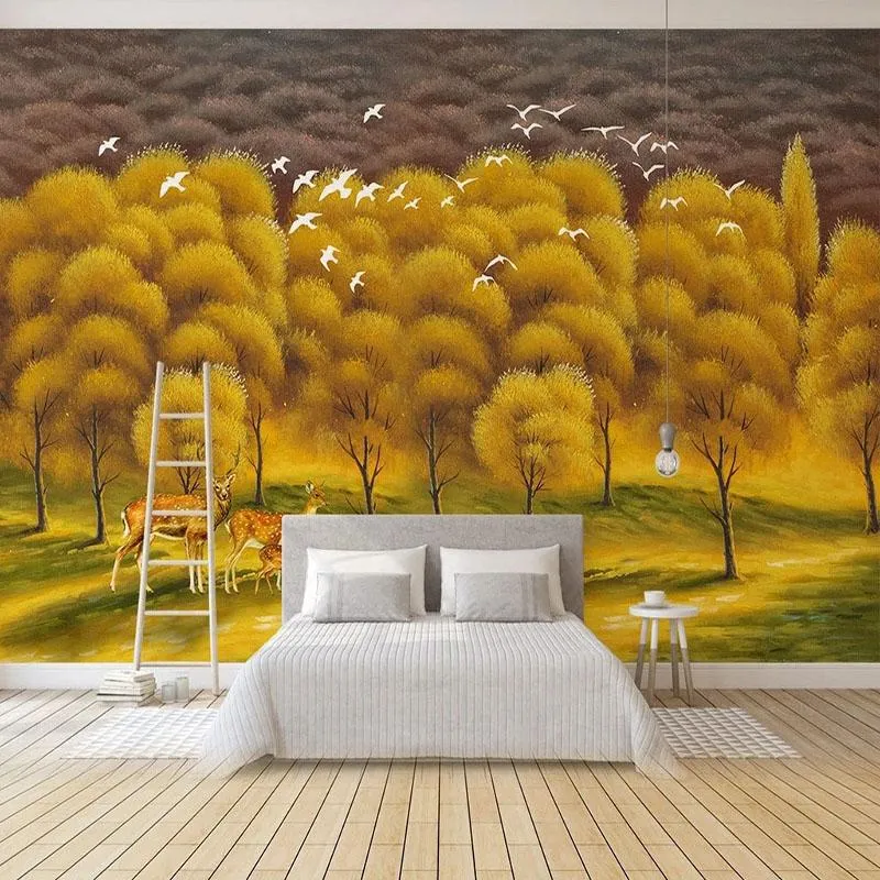 Fonds d'écran personnalisés Po Fond d'écran Style européen Peint à la main Peinture à l'huile Golden Forest Elk Flying Bird Mural Fond Mur Décor à la maison