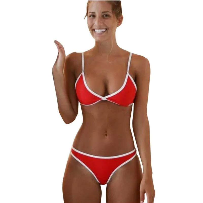 Kvinnor sexig baddräkt strand två bitar bikini set push-up vadderad bh röd baddräkt vit gräns brasiliansk sport baddräkt 7,2 kvinnor