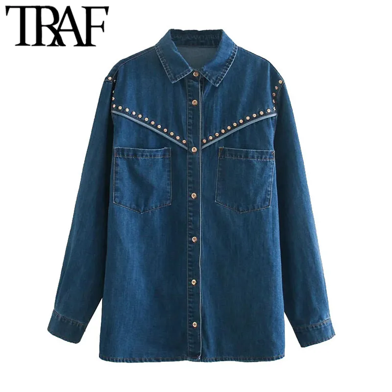 TRAF KVINNOR FASHION WITH RIVET Fickor Loose Denim Jacket Coat Vintage Långärmad Button-Up Kvinnor Ytterkläder Chic Toppar 210415