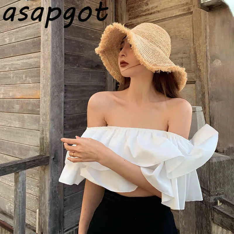 Sexy courte crop tops slash cou choux blanc shirts manche shirts blusas mujer hors de l'épaule vêtements noirs d'été sauvage 210429