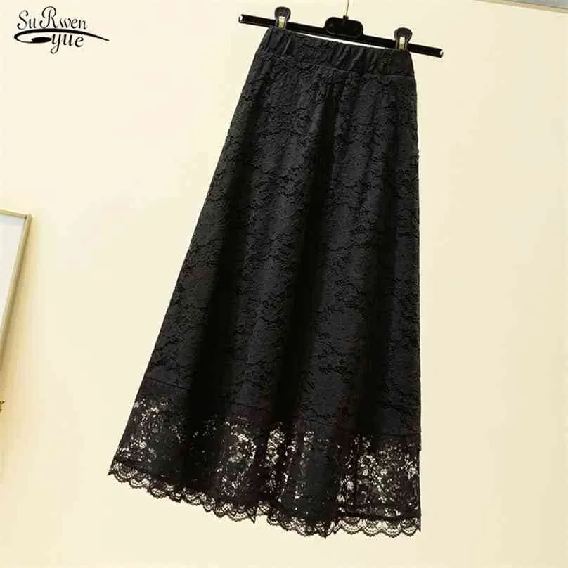 Sommar svart spets lång kjol Faldas plus storlek Lös hög midja kvinnor s A-line MIDI för S 9833 210629