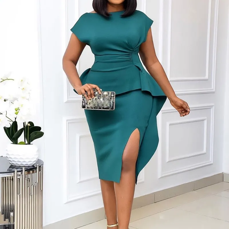 Verde Bodycon Party Dress Mulheres Manga Curta Slit Pacote Hip Peplum Data Vestidos Moda Escritório Senhoras Senhoras Vestidos Africanos Plus Size 210527