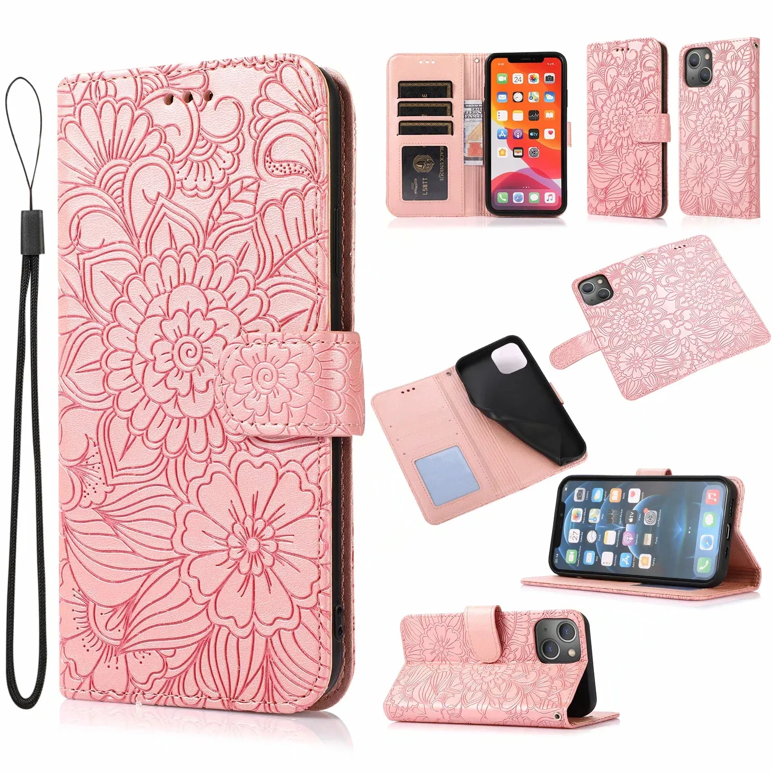 Wallet Phone Cases for iPhone 14 13 12 11 Pro Max XR XS X 7 8 Plus Flower Embossing PU Leather Flip Kickstand Cover Case with Card Slots