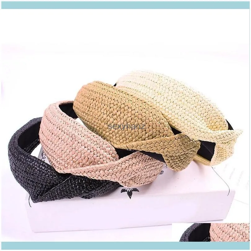 Women Hairband Straw Weaving Knot Headband Bohemian Wide Cross Hairbands Harajuke Hair Bands Hoop Bezel Handmade Hair Accessory