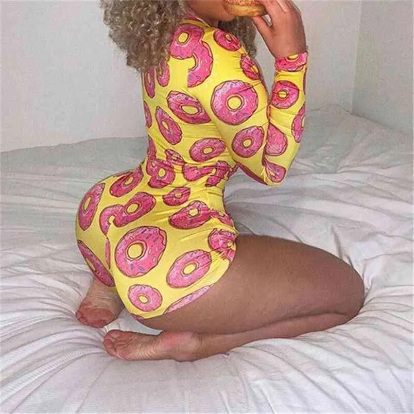 Verkoop vrouwen jumpsuit nachtkleding mode bodycon fitness rompertjes donut print volledige mouw overalls casual 210517