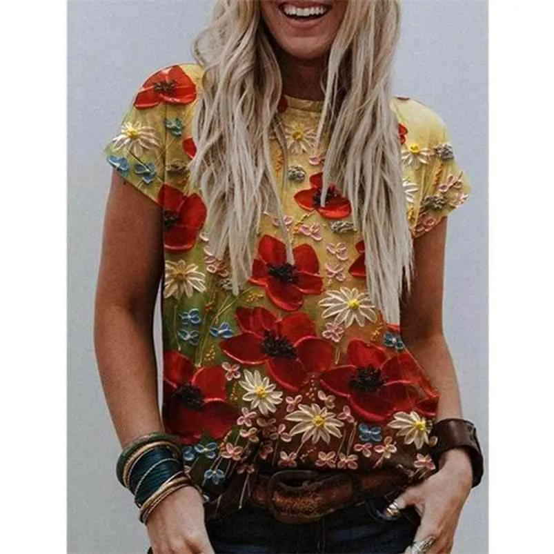 ネクタイ染料3Dフローラルプリント女性Tシャツカジュアル半袖ルースプラスサイズトップスファッションストリートレディースVネック夏ティー210623