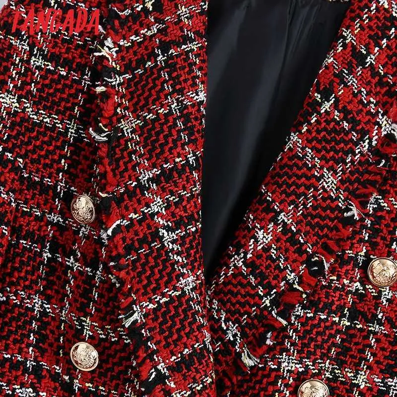 Women s Plaid Tweed Blazer Double Breasted Long Sleeve Jacket Elegant Red Office Ladies Suit BE256
