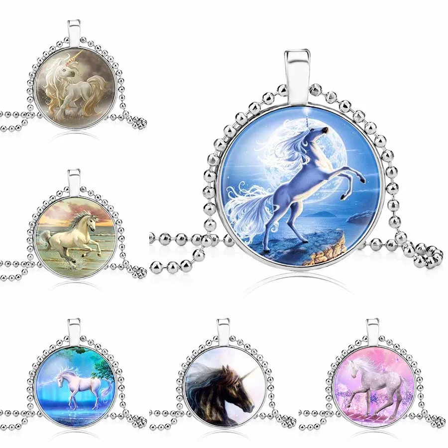 Unicorn Necklace Animal Horse Pendant Glass Cabochon Necklaces for children fashion jewelry