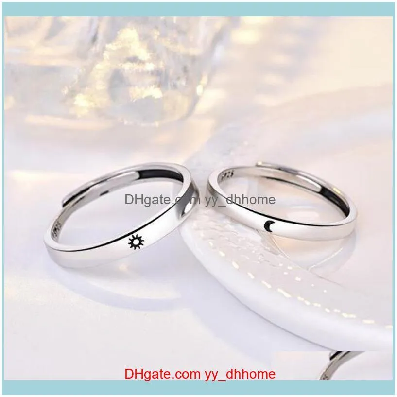 Silver Plated 2Pcs Sun And Moon Lover Couple Rings Set Promise Wedding Bands For Him Her Drop Cluster