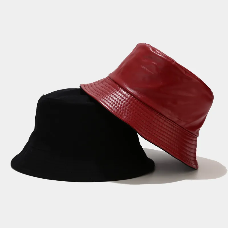 Reversible PU Leather Bucket Hat, Adjustable Fishing Cap, Unisex Kukuzhu Unisex Stylish Waterproof Bucket Hat PU Leather Rain  main image 2