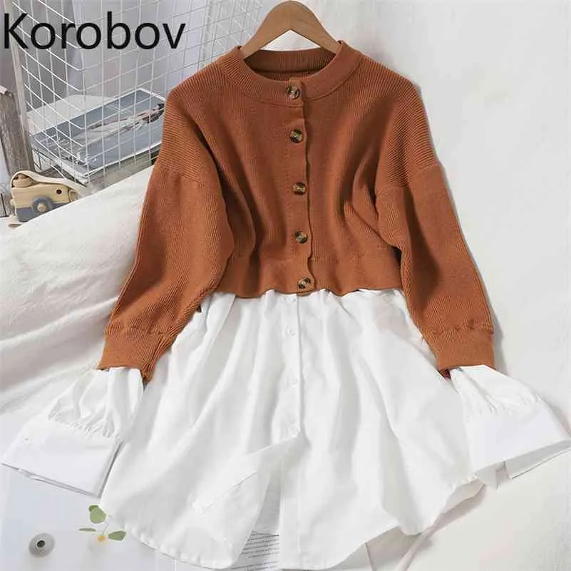 Korobov Fashion Hit Color Patchwork Falso 2 pezzi Set Abito coreano monopetto Abiti a trapezio Vintage OL O Neck Robe Femme 210430