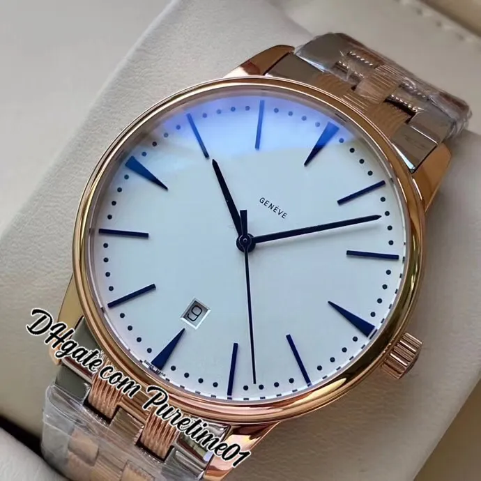42 мм традиции A21J автоматические мужские часы два тона розовое золото белый циферблат синий палочка маркеры из нержавеющей стали браслет спортивные часы 6 стилей PURETIME01 E135D4