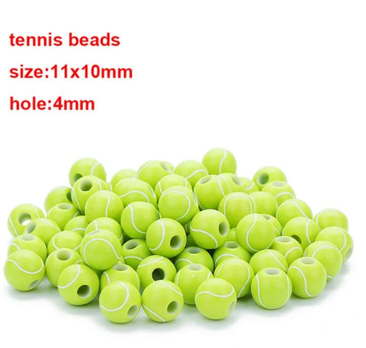 50pcs / mycket grön 11x10mm akryl pärlor rund sport tennisboll spacer pärla 4mm hål passform för armband halsband DIY smycken gör