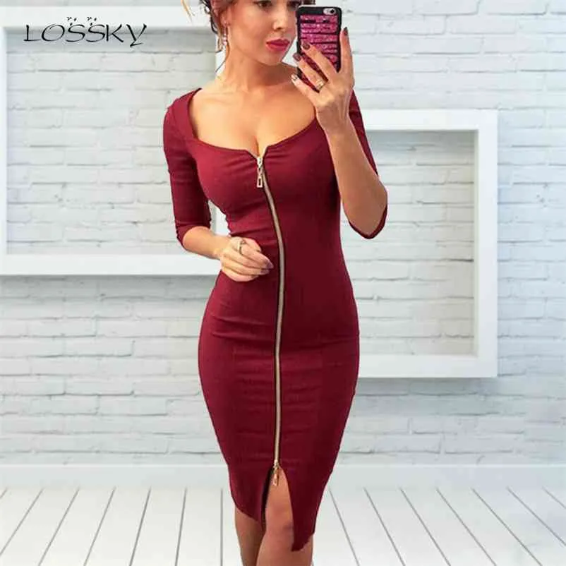 Losssky Women Sexy Club Low Cut Bodycon Klänning Röd Velvet Sheath Burgundy Fashion Black Pure Spring Pencil Dresses for Office 210331