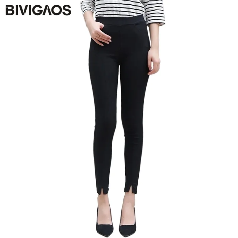Bivigaos женская высокая талия фронт сплит черные леггинсы весенние осень тканые повседневные длинные брюки тонкие тощие карандашные штаны 211014