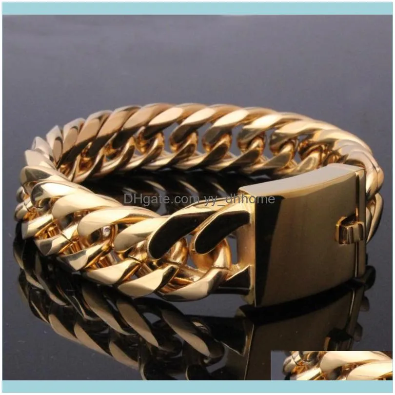 16mm Wide Polished 316L Stainless Steel Gold Tone Cuban Curb Chain Men`s Bracelet 7