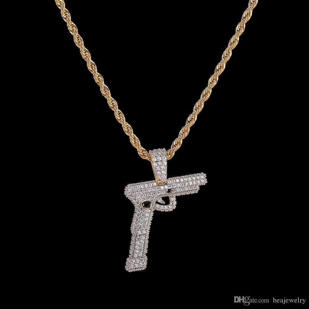 New Hip Hop Gold silver Color Plated Copper Iced Out Micro Paved CZ Gun Pendant Necklace Men Charm Jewelry