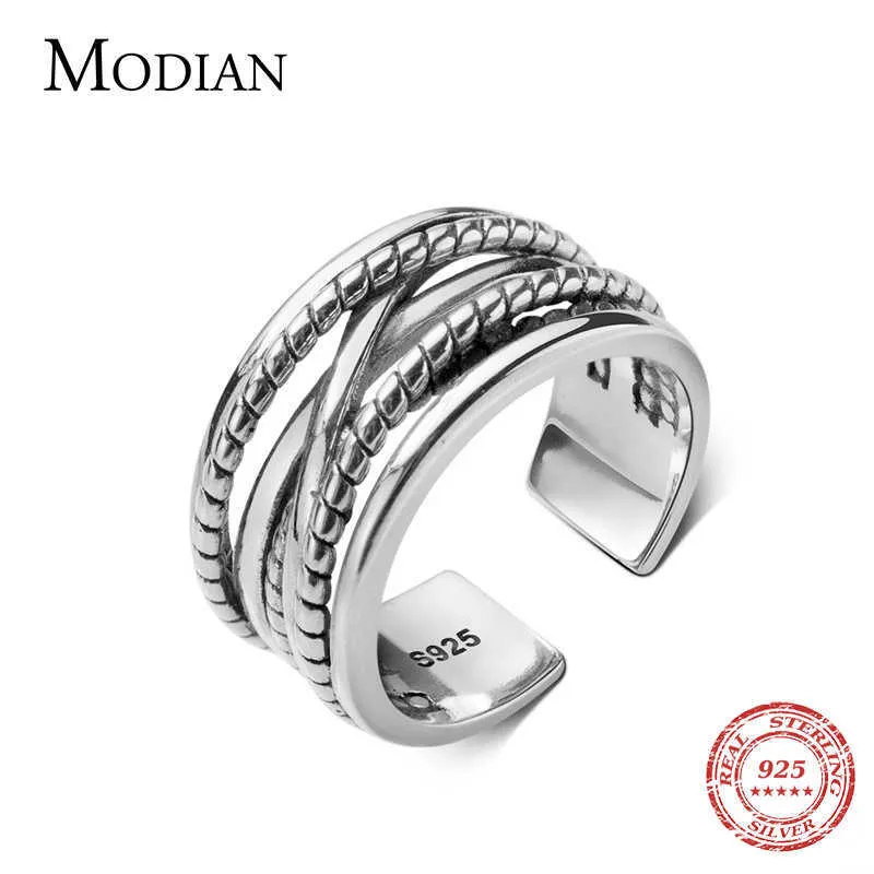 Vintage 925 Sterling Silver Geométrico Línea de doble capa Anillo para hombres y mujeres Amantes Estilo nacional Joyería fina 210707