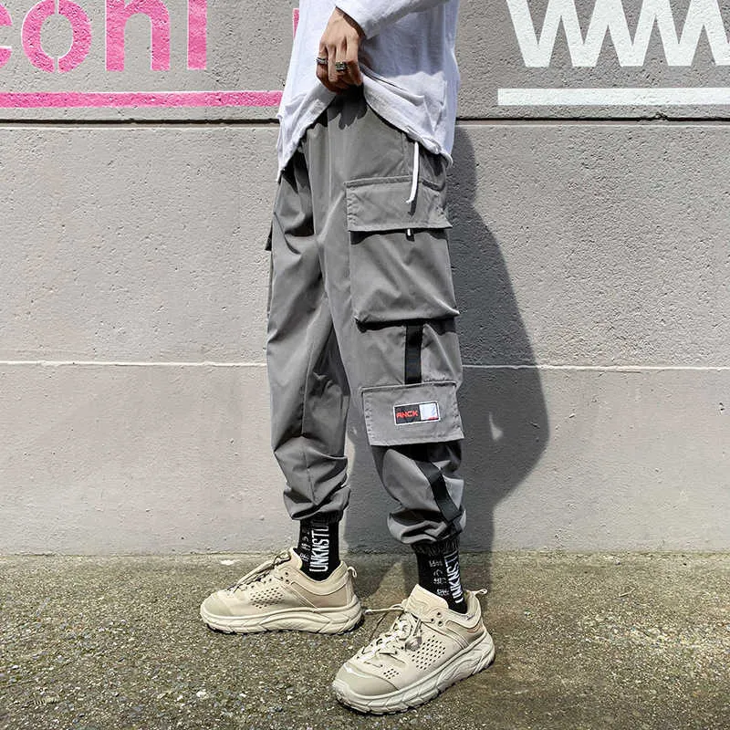 2021 New Fashion Cargo Pants Men White Black Grey Both Side Stripe