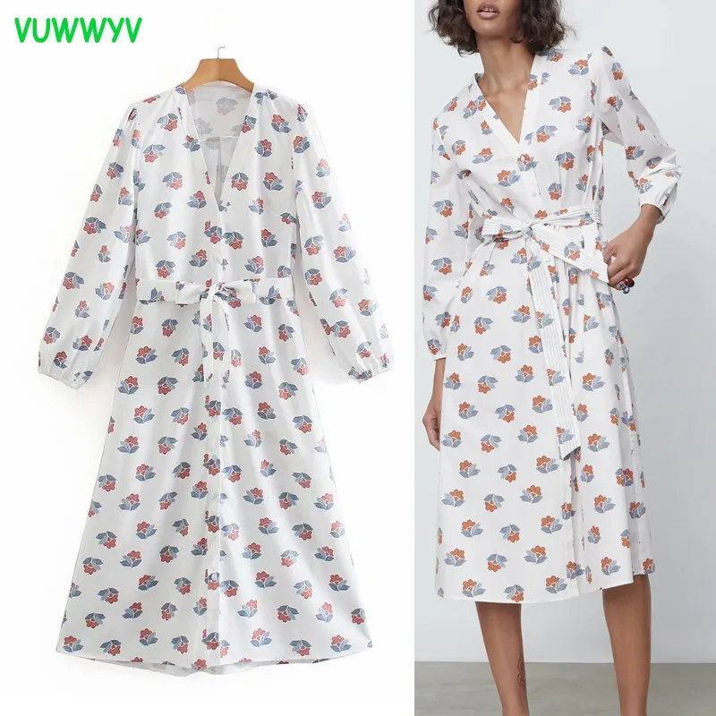 Été Blanc Floral Imprimer Poplin Midi Robe Femmes Chic Casual Boutons Avant Femme À Manches Longues Bow Ceinture Robes 210430