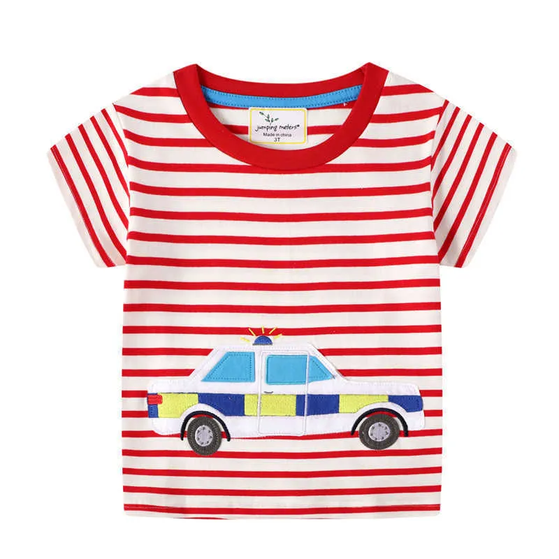 Springende meter Zomer 100% katoen auto applique baby kleding jongens streep t-shirts aankomst kinder tops kinderen tees 210529