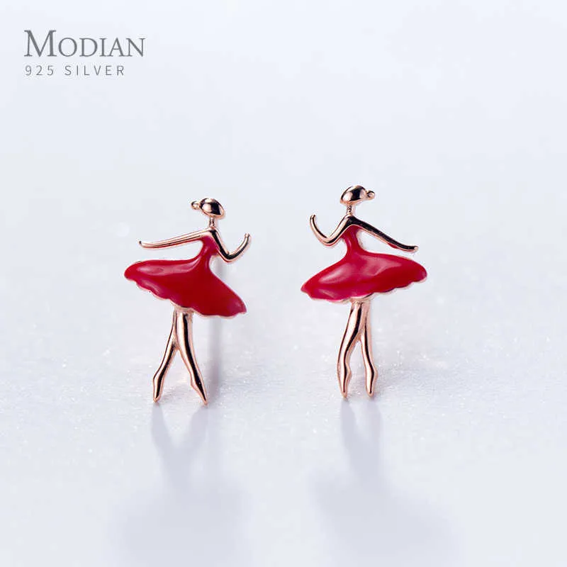 Fashion 925 Sterling Silver Lady Dancing Red Enamel Stud Earrings for Women Elegant Charm Jewelry 210707