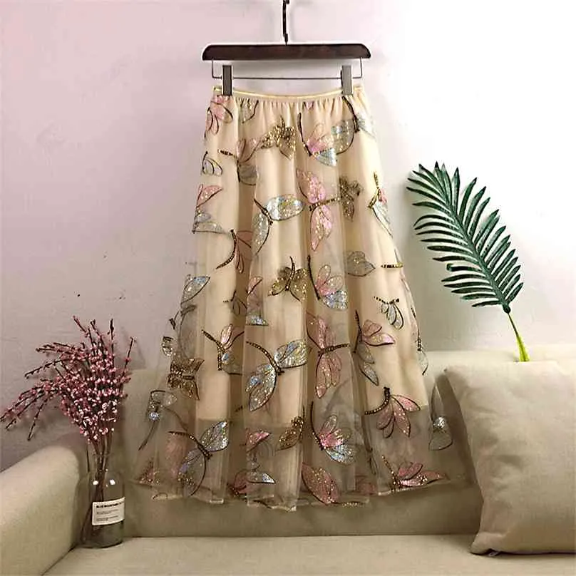 Autumn Women Mesh Skirt Dragonfly Sequin Embroidery Long Ladies Casual Voile Appliques Mid-calf Swing s 210629