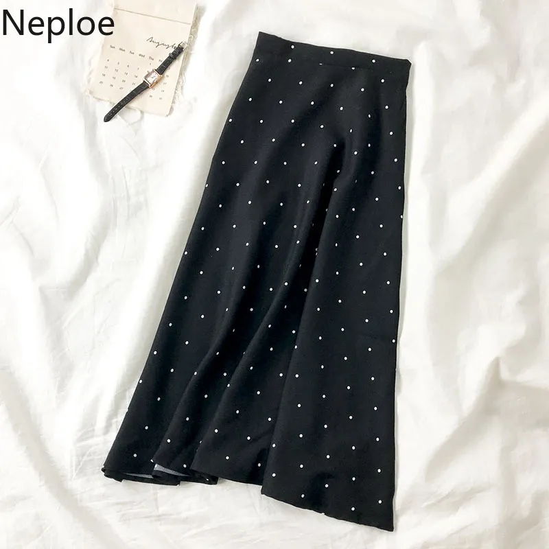 Neploe Long kjol för kvinnor svart polka-dot A-Line Jupe Vår Ny Koreanska Högvivan All Match Slim Fit Mujer Faldas 4H702 210422